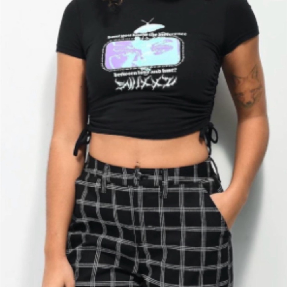 Swixxz Black Graphic Crop Top with Butterfly Design Ruched Sides - Picture 2 of 6